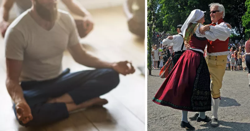 Man som tränar yoga, par som dansar folkdans.