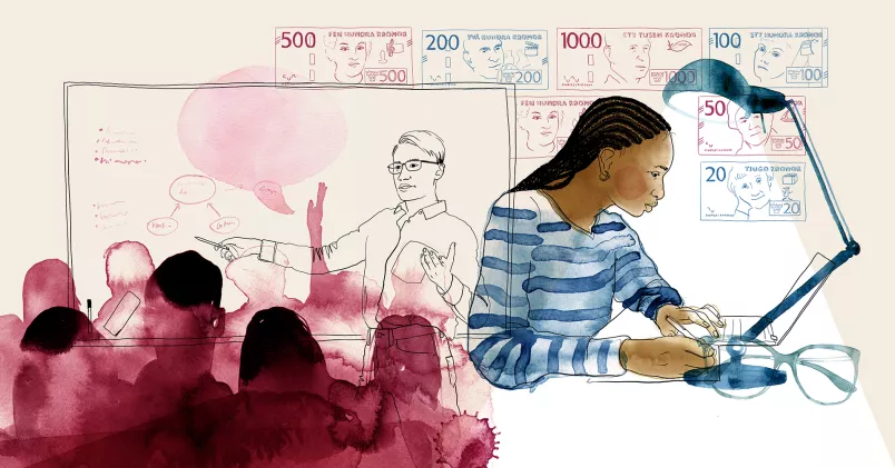 Sedlar och kvinna som studerar