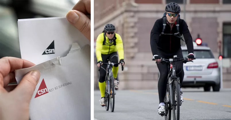 Händer öppnar brev från CSN. Cyklister i stadsmiljö.
