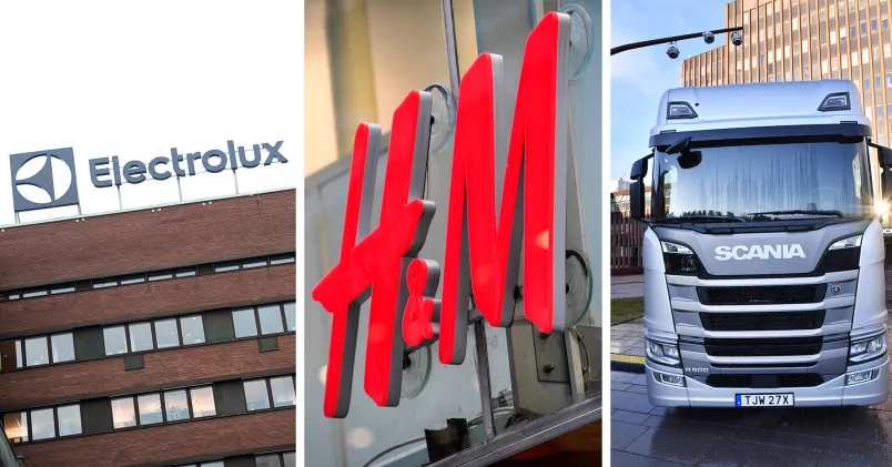 Electrolux huvudkontor i Stockholm, H&M:s logga, lastbil från Scania.