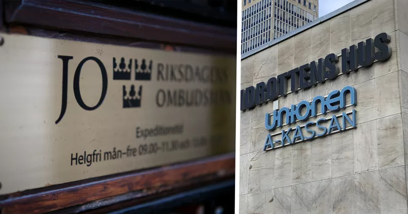 Justitieombudsmannen, JO, kritiserar Unionens a-kassa för långsam handläggning. Dörren till Justiteombudsmannen och byggnad där det står Unionens a-kassa.