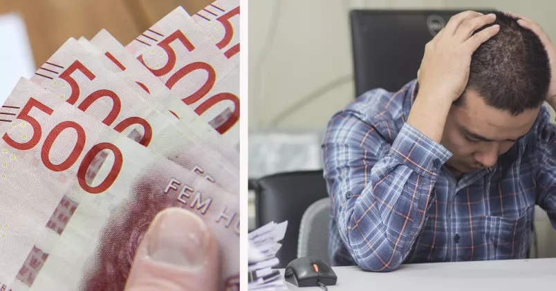 Svenska sedlar och utmattad man vid skrivbord.