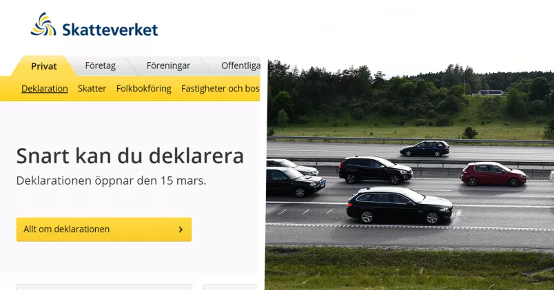 Avdrag för resor, jobb och utlägg för arbete: Så ser reglerna ut. Skärmdump från Skatteverkets hemsida och bild på bilar i trafik.
