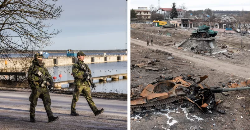 Till vänster: Patrullerande soldater på Gotland. Till höger: Lokala invånare passerar ryska pansvarvagnar i ukrainska samhället Trostianets.