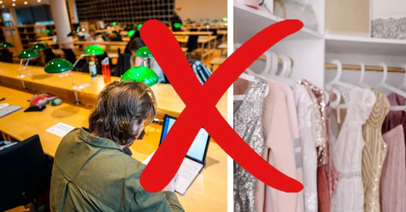 Man vid dator i studiesal och garderob med festkläder, med rött kryss över.