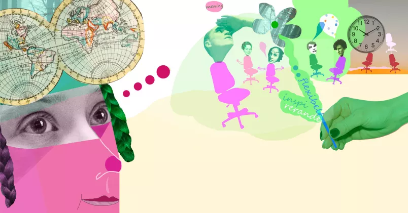 Ansikte med jordglob i pannan, kontorsstolar med medarbetare.