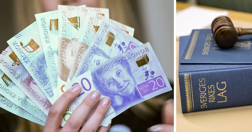 Hand som håller upp sedlar bredvid lagbok med klubba.