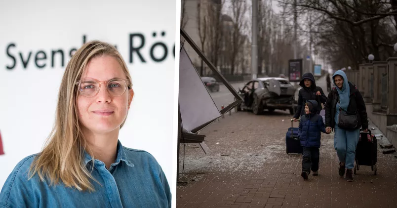 Johanna Lönn på Röda korset till vänster och två kvinnor till ett barn som flyr i Kiev.