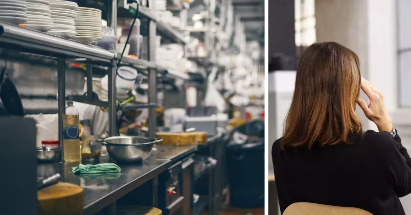 Till vänster: restaurangkök, till vänster: kvinna med bortvänt ansikte tar sig för pannan.