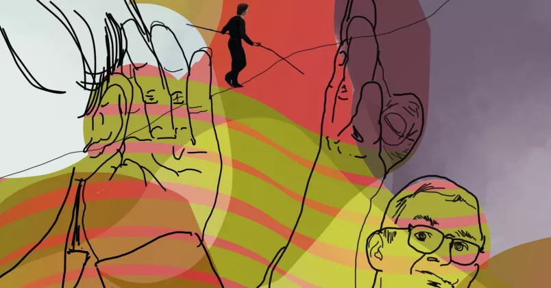 En person som lyssnar och en som pekar. 