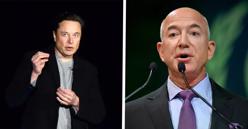 Till vänster: Elon Musk, ägare av Tesla. Till höger: Jeff Bezos, ägare av Amazon.