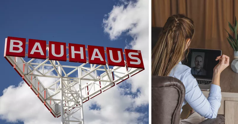 Skylt med Bauhaus logga (till vänster), kvinna i terapisamtal på datorn (till höger).