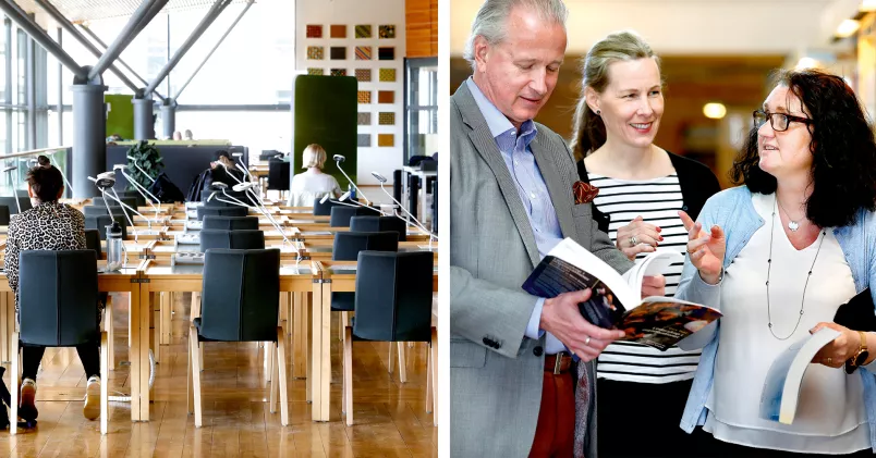 Studenter pluggar i läsesal (till vänster). Lärarna Hans Björkman, Carolina Camén och Pernille K Andersson bläddrar i böcker (till höger).