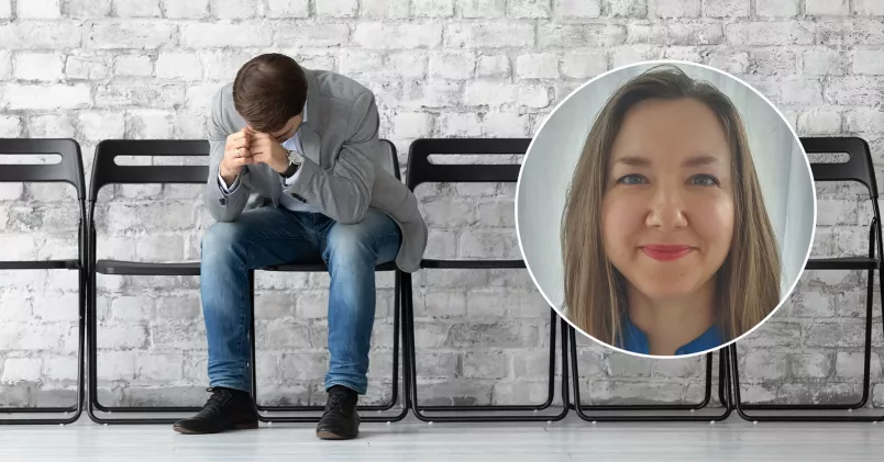 Hanna Franck-Larsson. Man sitter nedböjd över en stol. Till höger Hanna Franck-Larsson.