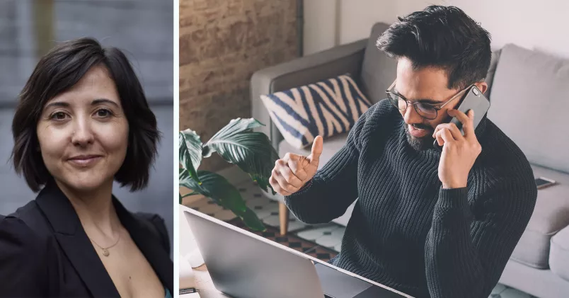 Jenifer Clausell Tormos (till vänster), Man vid laptop pratar i mobil (till höger).