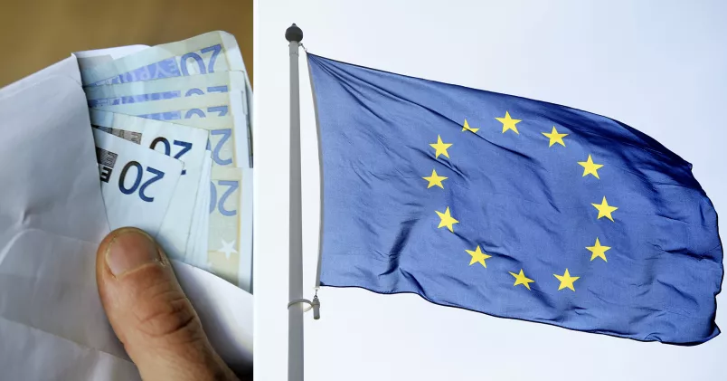 Minimilöner. Hand håller upp kuvert med euro (till vänster), EU-flagga på stång (till höger)