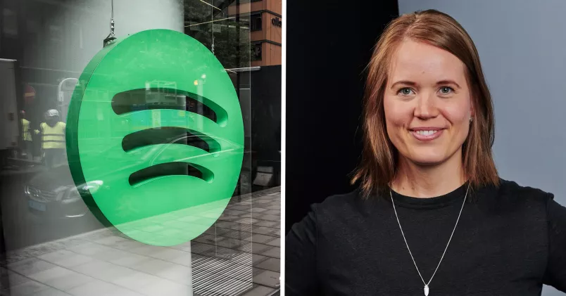 Spotify stöttar anställda som utsätts för våld i nära relationer. Spotifys logga vid huvudkontoret och en bild på medverkande Linn Caldas.