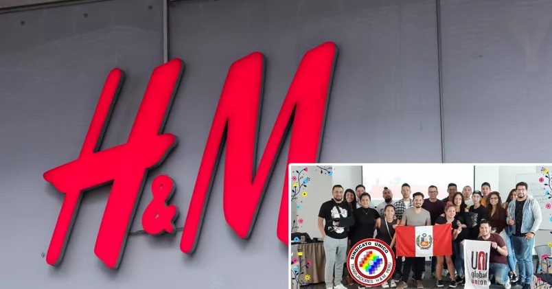 Efter fem års arbete och tuffa förhandlingar har butiksanställda på H&M i Peru fått kollektivavtal. H&M-logga samt bild på H&M-fackklubben i Peru