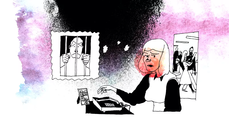 Kvinnlig chef ser orolig ut, tänker på sin sambo som sitter i fängelse.