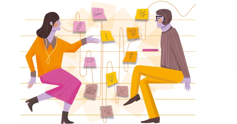 Illustration av två personer som sitter mitt emot varandra.