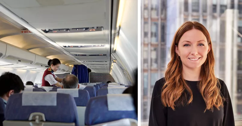 Kabinanställd i flygplan (till vänster), Filippa Folke (till höger).