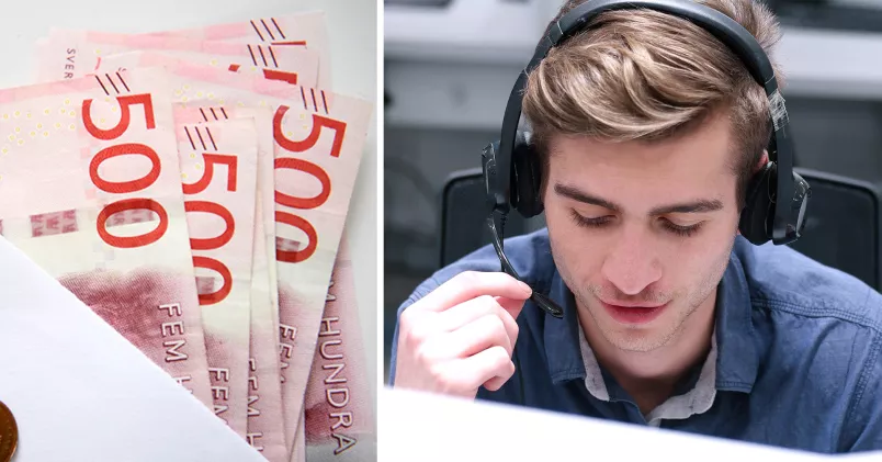 Femhundrakronorssedlar i bunt (till vänster), ung man med headset (till höger).