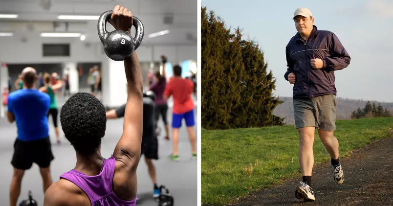 Kvinna håller upp kettlebell ovanför huvudet (till vänster), man springer utomhus (till höger).