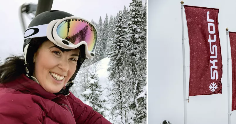 Camilla Sundqvist i skidlift (till vänster), flagga med Skistars logga (till höger).
