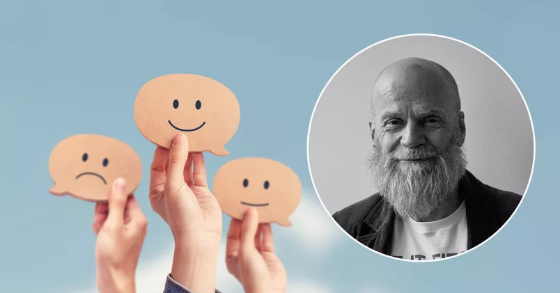 Mårten Westberg till vänster pratbubblor med sura och glada ansikten. Till höger Mårten Westberg.