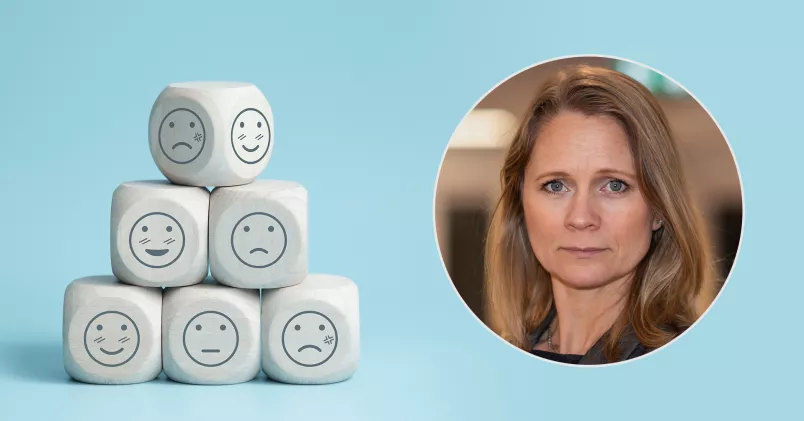 Till vänster tärningar med glada och ledsna ansikten, till höger Malin de Maré, Sverigechef på Avonova. 