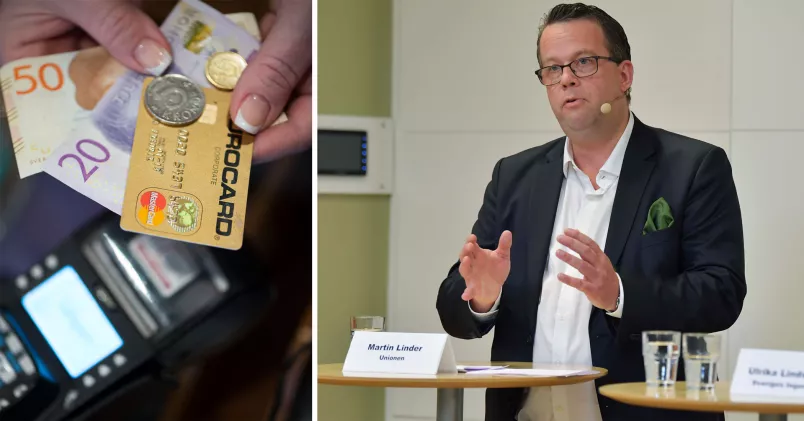Till vänster kontanter och betalkort. Till höger Martin Linder, Unionen. 