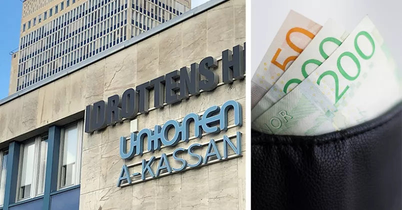 Fasadbild på Unionens a-kassa och en plånbok med sedlar
