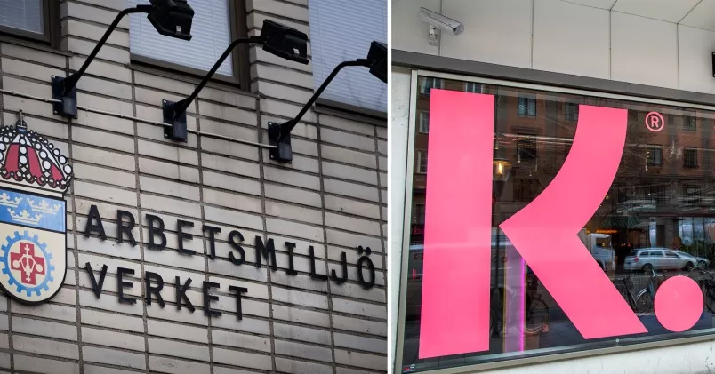 Till vänster fasaden till Arbetsmiljöverket. Till höger fasaden till Klarna.