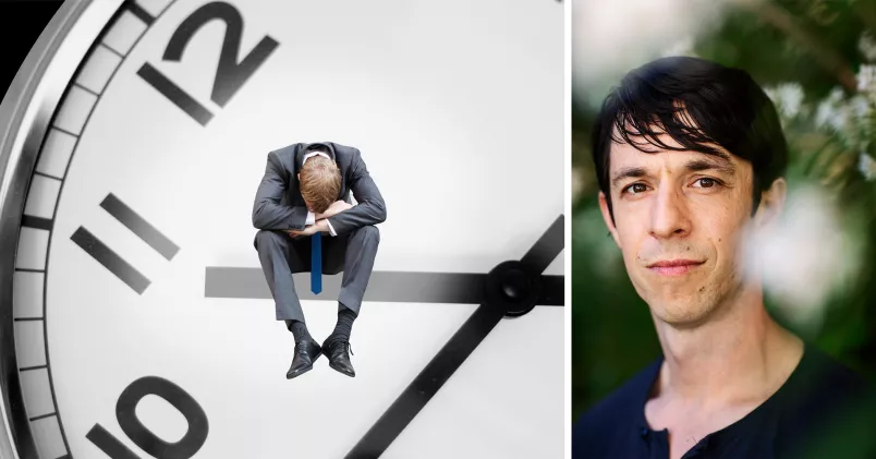 Till vänster en illustration av en man som dystert sitter på en klockas timvisare och till höger en porträttbild på docent Roland Paulsen. 