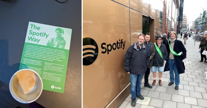 Till vänster flygblad från Spotify där företaget menar att kollektivavtal är sämre för medarbetarna. Till höger represententer från fackföreningar informerar om fördelar med kollektivavtal. 