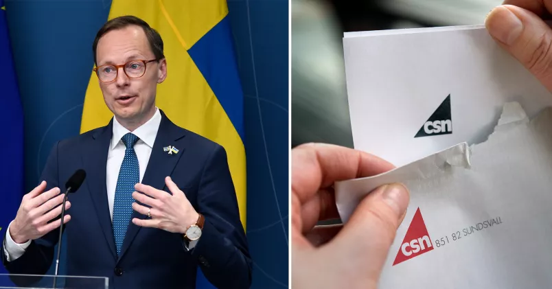 Till höger utbildningsminister Mats Persson, till vänster en person öppnar ett kuvert från CSN. 