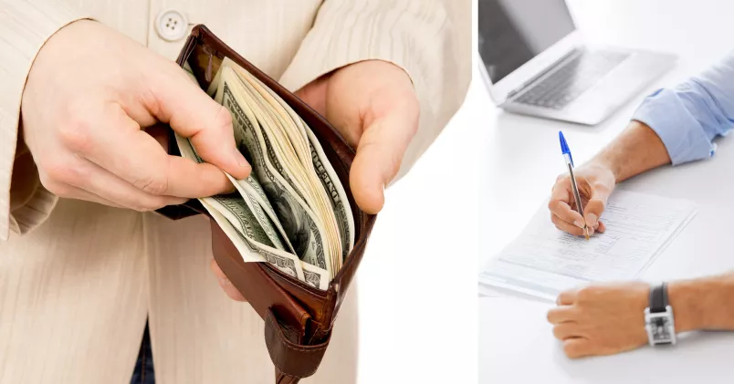 Till höger en man som öppnar en plånbok full med sedlar, till vänster en person som skriver under ett kontrakt.