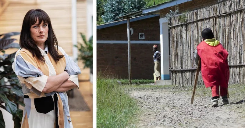 till vänster Maria Nyberg, till höger barn som går med käpp