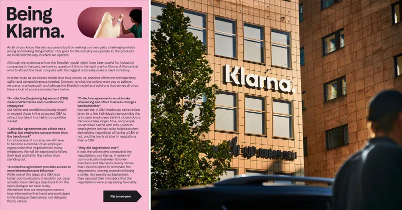 Klarnas flygblad till vänster, Klarnas huvudkontor till höger. 