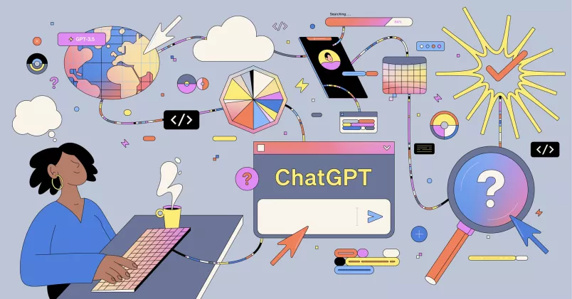 En tecknad illustration som ska visa en bild av AI med sökrutor, förstoringsglas och molntjänster. 