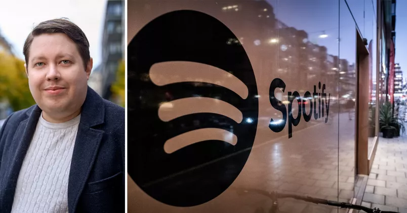 Till vänster Jonas Sundberg, Unionenklubbens ordförande på Spotify, till höger Spotifys huvudkontor i Stockholm.