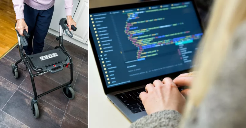 En person med rullator, till vänster. Till höger en datorprogrammerare vid sin skärm. 