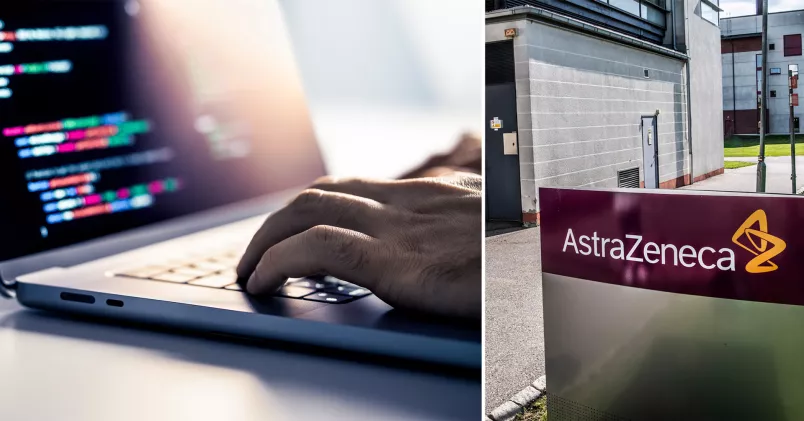 Till vänster händer mot en bärbar dators tangentbord, till höger en Astra Zeneca-skylt.