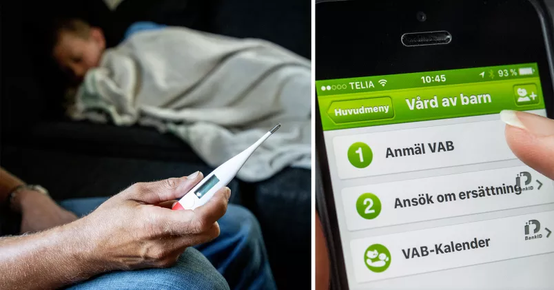 till vänster en febertermometer till höger vab-app