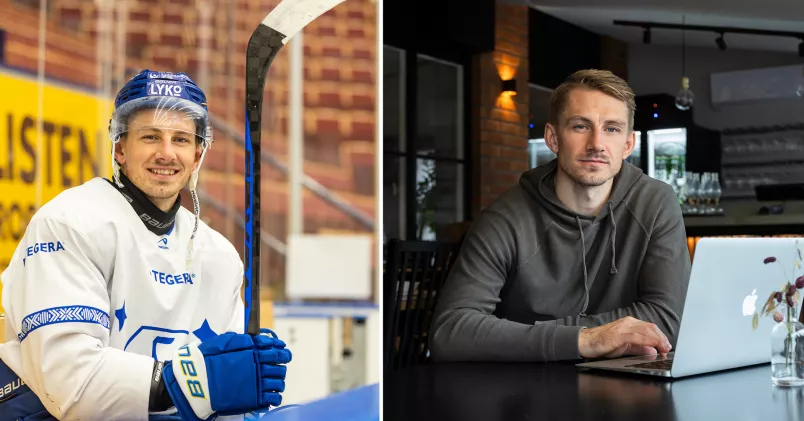 Ishockeyspelaren Patrik Norén, till vänster i ishockeydräkt och till höger civilt klädd som student.