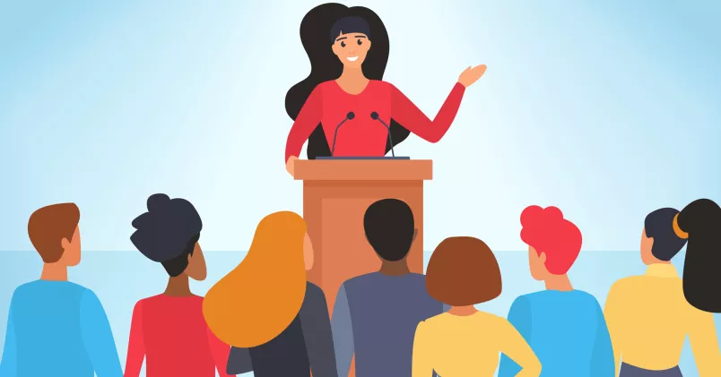 Tecknad illustration av en kvinna i en talarstol som pratar inför publik.