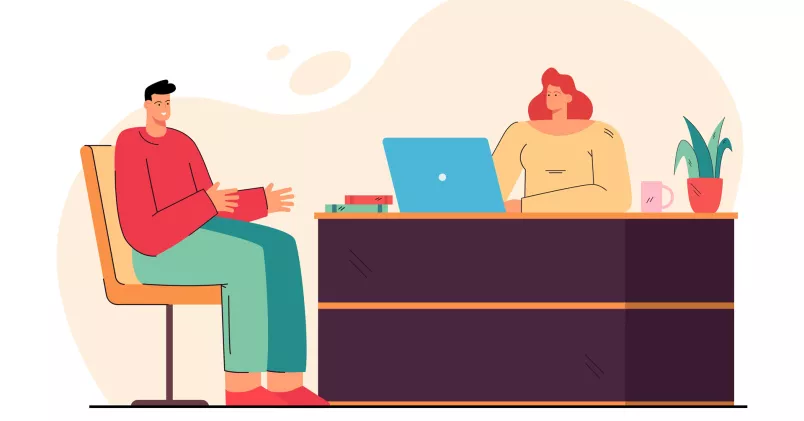 En tecknad illustration av en person på en anställningsintervju.