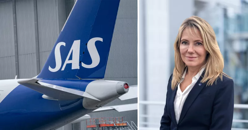 Till vänster ett SAS-flygplan och till höger Charlotte Svensson, CIO på SAS.