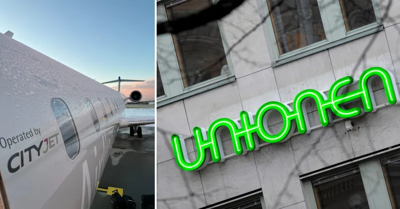 Ett flygplan från Cityjet till vänster och till höger Unionens huvudkontor.