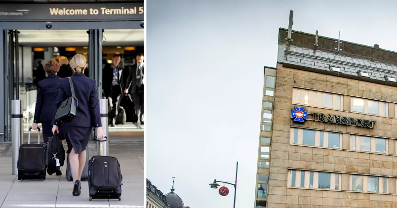 Till vänster kabinpersinal, till höger Transportarbetarförbundets huvudkontor. 